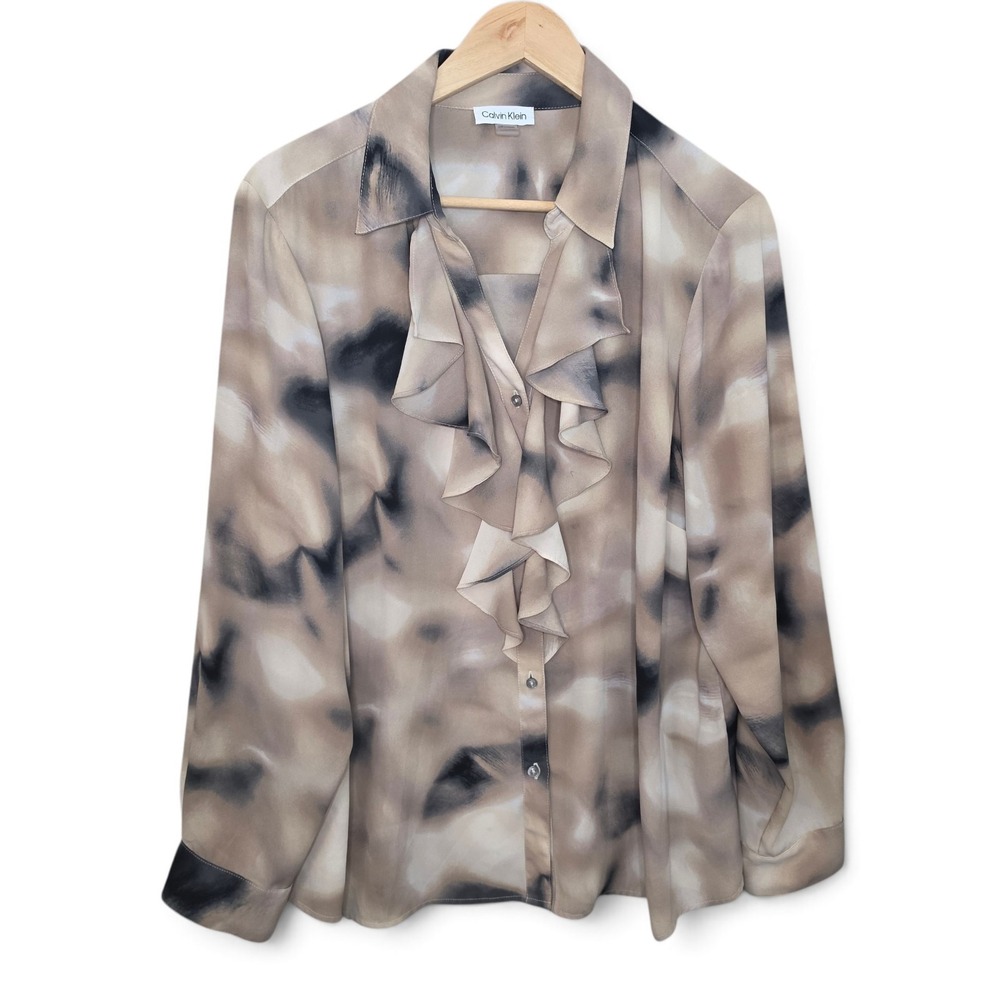 Calvin Klein Blouse Womens 1X Tan Black Watercolor Ruffle Front Button Down Plus